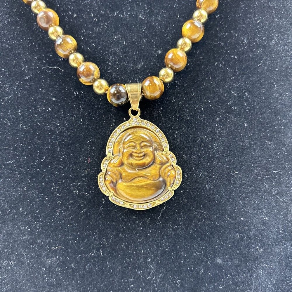 Tiger Eye Beaded Necklace Buddha 14KGP Pendant Shop Lava Necklace 24"L Signed